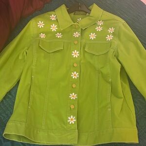 Bob Mackie Lime Green Daisy-Embroidered Jean Jacket - Medium